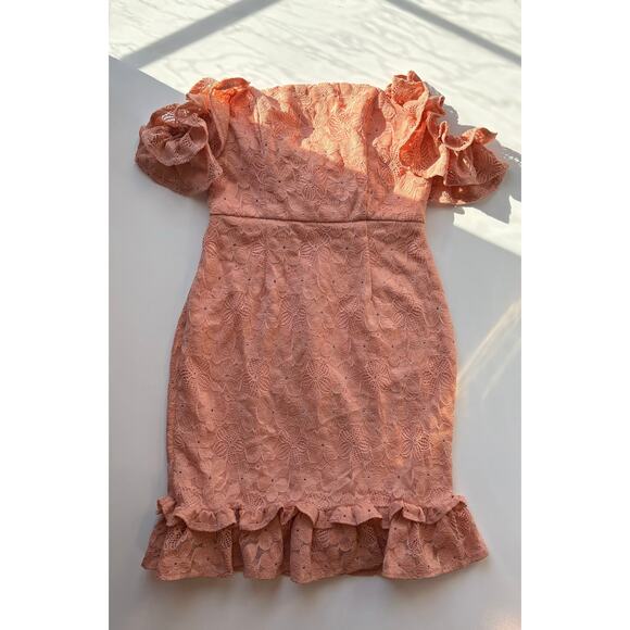 Selfie Leslie Verona Off-Shoulder Lace Overlay Mini Dress Orange Size Small - Picture 2 of 10
